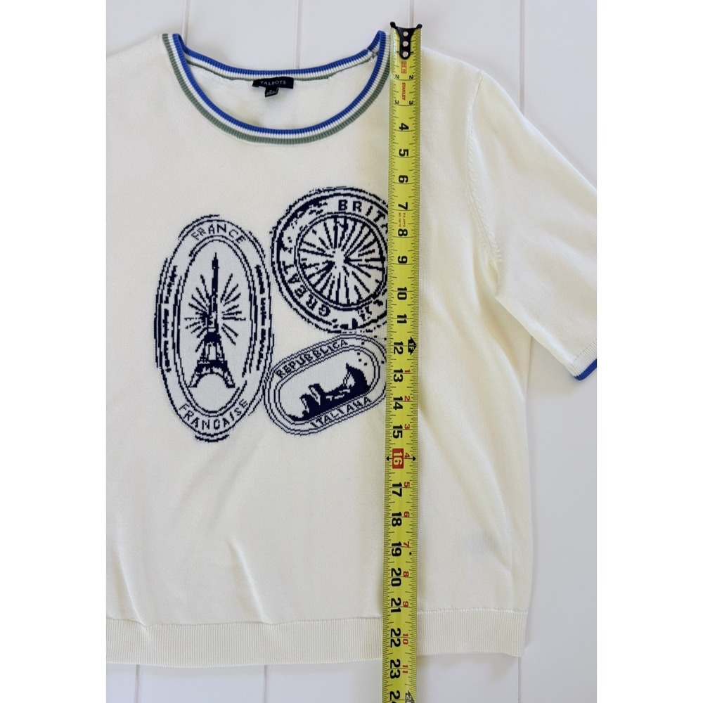 Talbots Stamp Whimsy Top France Great Britain Italy Size M Euro Summer Coastal - Picture 9 of 10